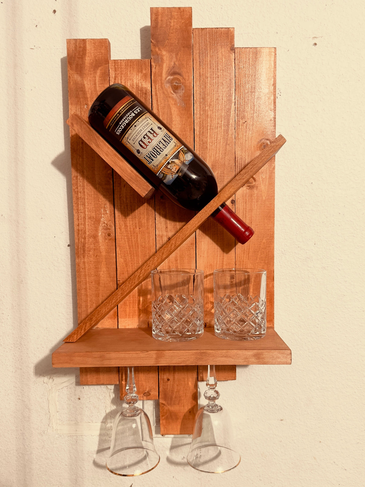 Custom Engraved Wooden Wall Wine Rack | Floating Wine & Glass Holder Set